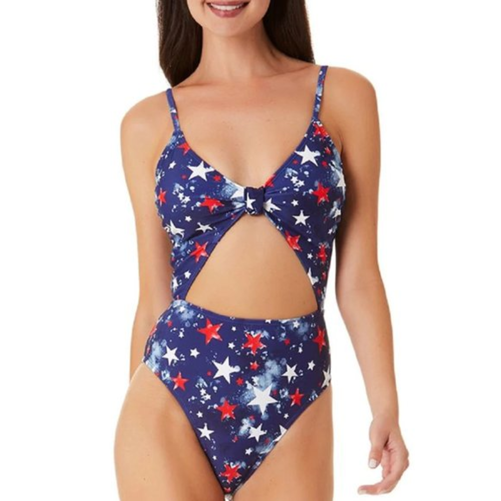 California‎ Waves Splatter Star Knotted One-Piece Swimsuit Red White Blue M